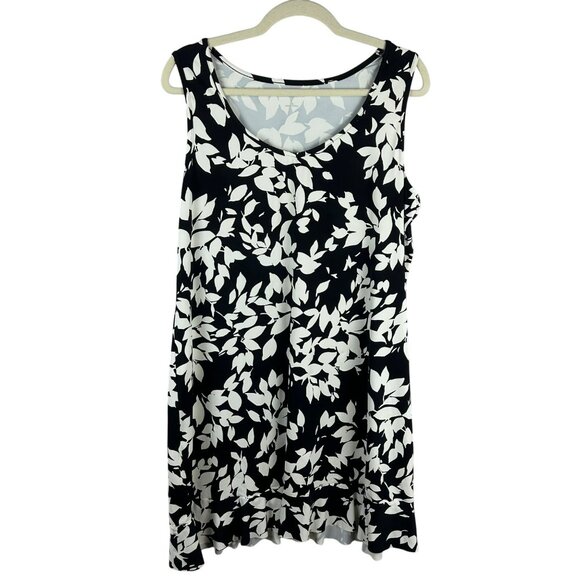 Lands' End Swim Dress Cover Up Women Large Black White‎ Floral Stretch Knit Knee - Picture 1 of 5